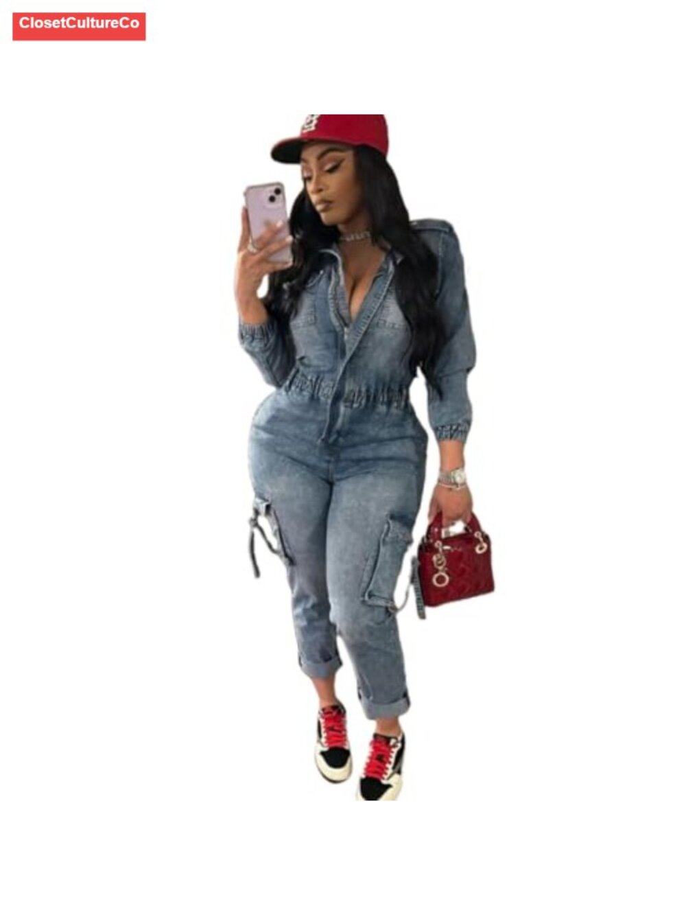 Denim Jumpsuit Distressed Jean Romper Stretchy Long Sleeve Cargo